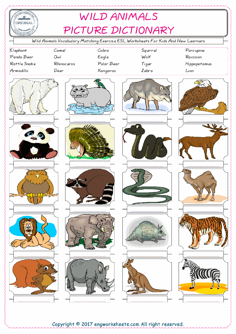  Wild Animals for Kids ESL Word Matching English Exercise Worksheet. 
